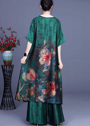 Green Elegant Print Patchwork Summer Silk long shirts + Wide Leg Two Pieces Set - SooLinen