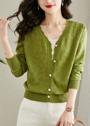 Green Embroidered Button Solid Knit Cardigans Fall