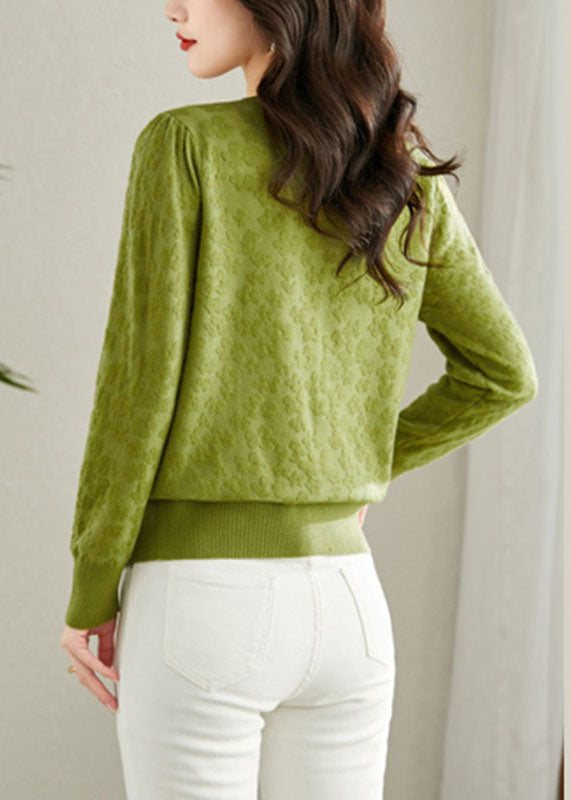 Green Embroidered Button Solid Knit Cardigans Fall