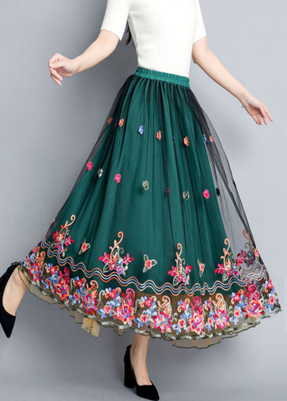 Green Embroidered Floral Elastic Waist Tulle Skirts Summer
