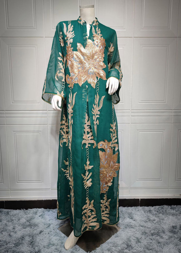Green Embroidered Floral Sequins Tulle Long Dress Fall