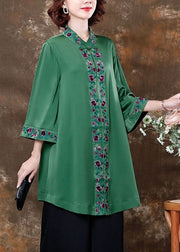 Green Embroidered Patchwork Silk Shirts Spring