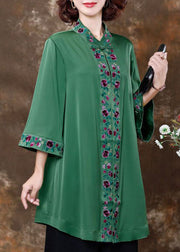 Green Embroidered Patchwork Silk Shirts Spring