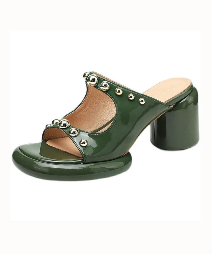 Green Faux Leather Chic Rivet Splicing Peep Toe Chunky Slide Sandals