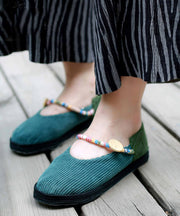 Grüne Plattfüße beschuht Baumwollgewebe Elegante flache Schuhe mit Schnallenriemen