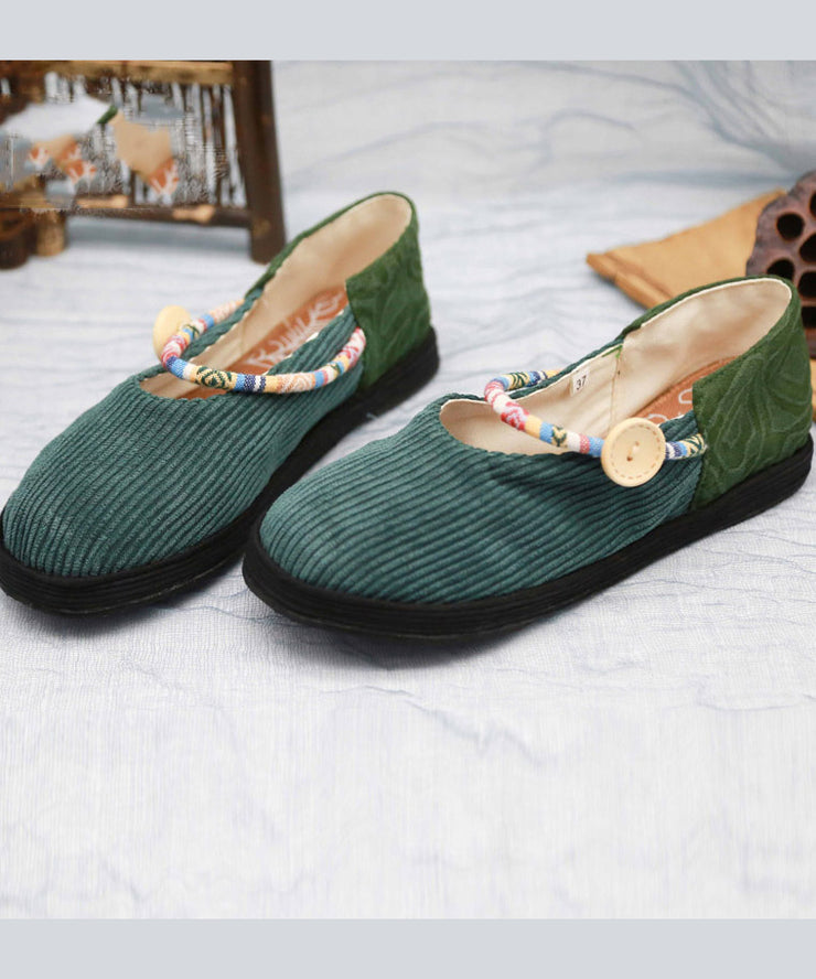 Green Flat Feet Shoes Cotton Fabric Elegant Buckle Strap Flat Shoes