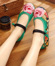 Green Flat Shoes Embroidered Comfy Cotton Fabric Buckle Strap Flat Shoes For Women
