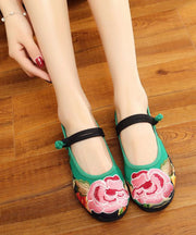 Green Flat Shoes Embroidered Comfy Cotton Fabric Buckle Strap Flat Shoes For Women
