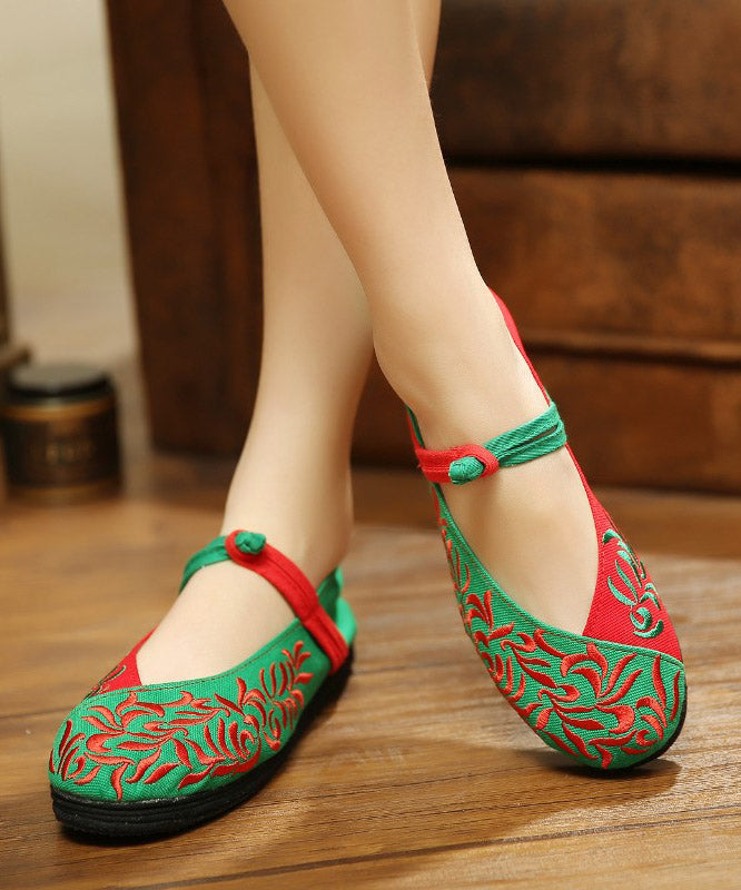 Green Flat Shoes Embroidered Cotton Fabric Women Splicing Flat Shoes