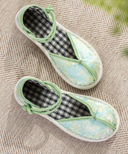 Green Flat Shoes For Women Cotton Fabric Splicing Buckle Strap Embroidery