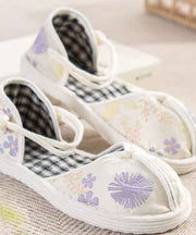 Green Flat Shoes For Women Cotton Fabric Splicing Buckle Strap Embroidery