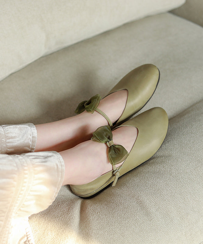 Green Flats Cowhide Leather Fashion Bow Buckle Strap Flats