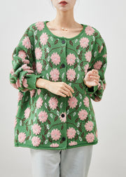 Green Floral Jacquard Cozy Knit Cardigans Oversized Winter