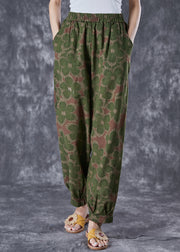 Green Floral Print Linen Pants Oversized Elastic Waist Summer