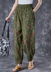 Green Floral Print Linen Pants Oversized Elastic Waist Summer