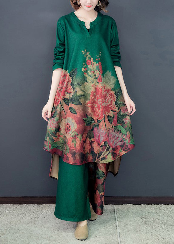 Grünes Seidenkleid mit Blumenmuster und Hose mit weitem Bein Zweiteiliges Set Low High Design Spring