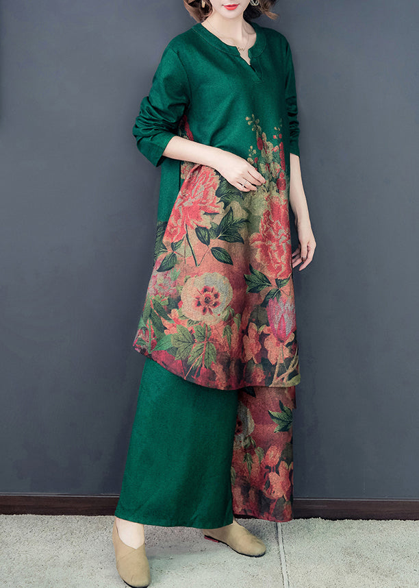 Green Floral Silk Dress And Wide Leg Pants Two Pieces Set Low High Design Spring