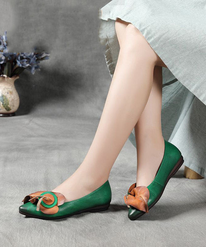 Green Floral Splicing Cowhide Leather Flat Shoes Pointed Toe