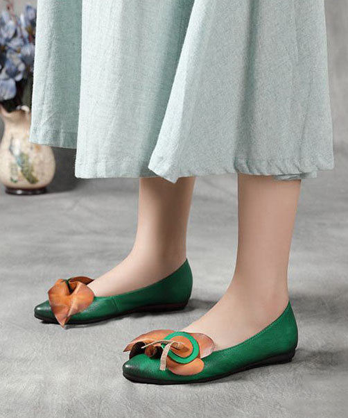 Green Floral Splicing Cowhide Leather Flat Shoes Pointed Toe