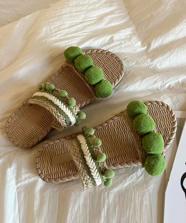 Green Fuzzy Ball Decorated  Splicing Slide Sandals Peep Toe
