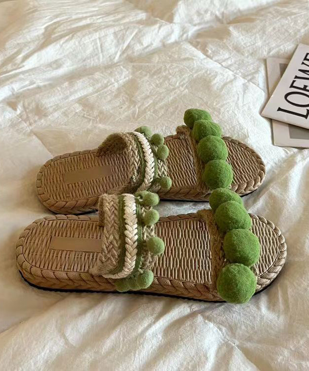 Green Fuzzy Ball Decorated  Splicing Slide Sandals Peep Toe