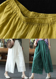 Green High Waist Linen Wide Leg Pants Embroidered Summer