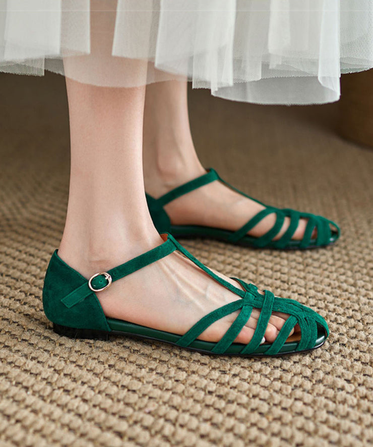 Green Hollow Out Buckle Strap Splicing Retro Walking Sandals