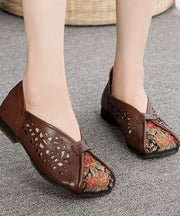Green Hollow Out Cowhide Leather Flat Shoes For Women Splicing Flats