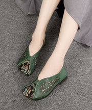 Green Hollow Out Cowhide Leather Flat Shoes For Women Splicing Flats