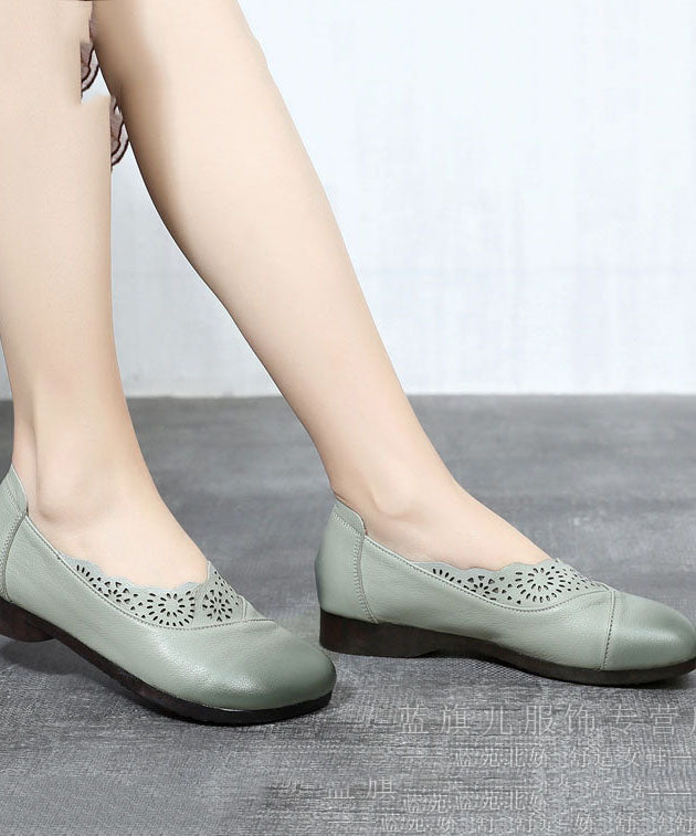 Green Hollow Out Flat Shoes Cowhide Leather Elegant Splicing Flats