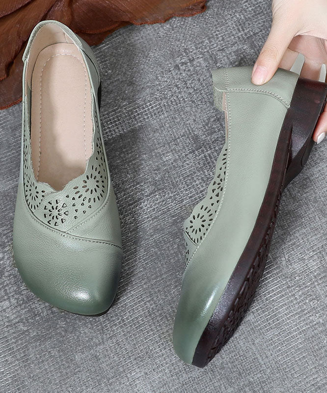 Green Hollow Out Flat Shoes Cowhide Leather Elegant Splicing Flats