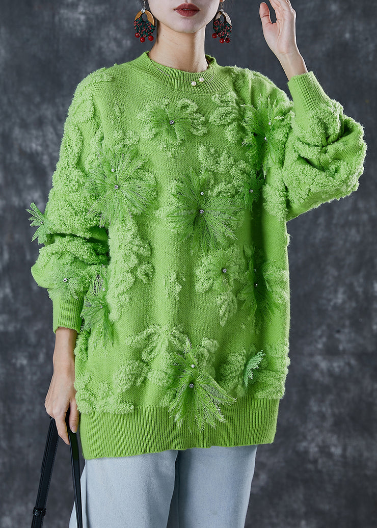 Green Jacquard Cozy Knit Sweater Tops Winter
