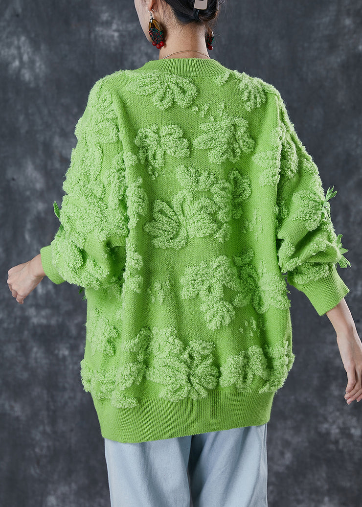 Green Jacquard Cozy Knit Sweater Tops Winter