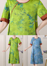 Green Jacquard Patchwork Silk Dresses O Neck Side Open Summer