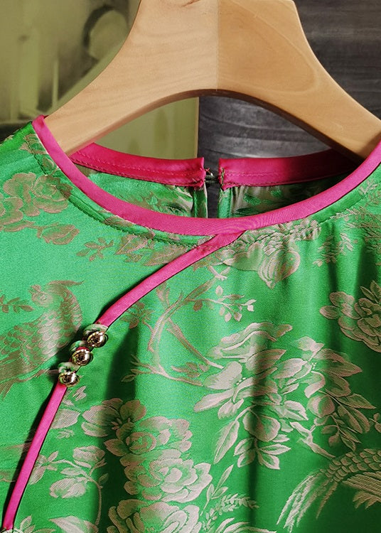 Green Jacquard Patchwork Silk Shirt Wrinkled Long Sleeve