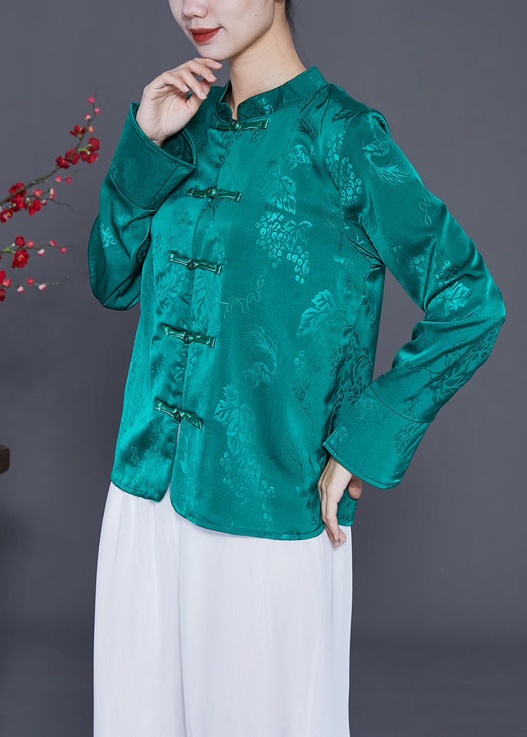Green Jacquard Silk Shirt Mandarin Collar Chinese Button Spring
