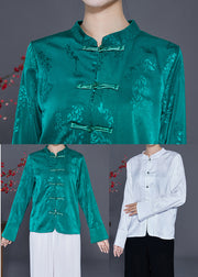 Green Jacquard Silk Shirt Mandarin Collar Chinese Button Spring
