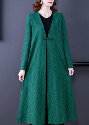 Green Jacquard Silk Trench Coats V Neck Oriental Long Sleeve