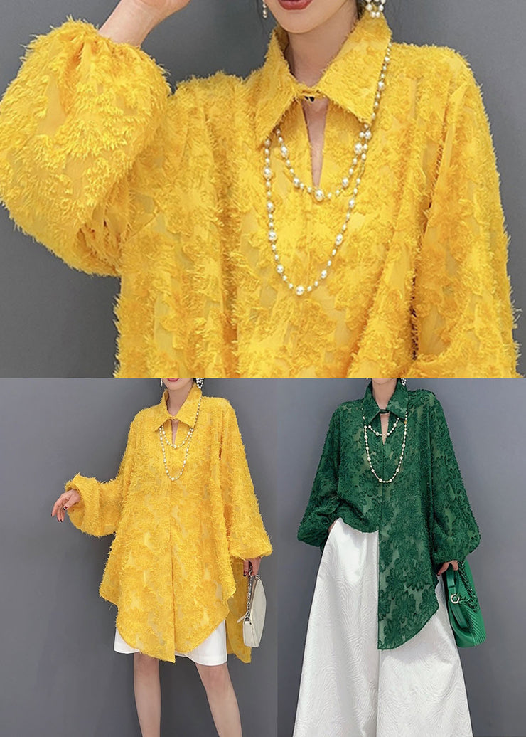Green Jacquard Tulle Long Shirts Oversized Hollow Out Spring
