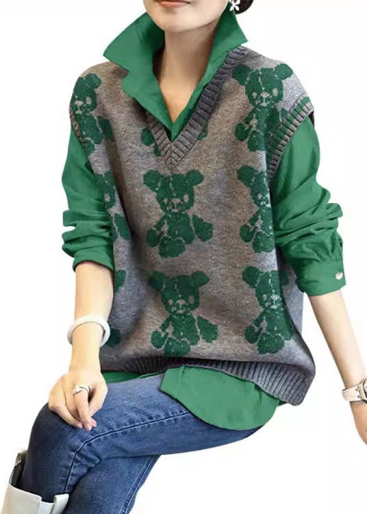 Green Knitted Vest Shirt Casual Age Reducing Two Piece Set Autumn New