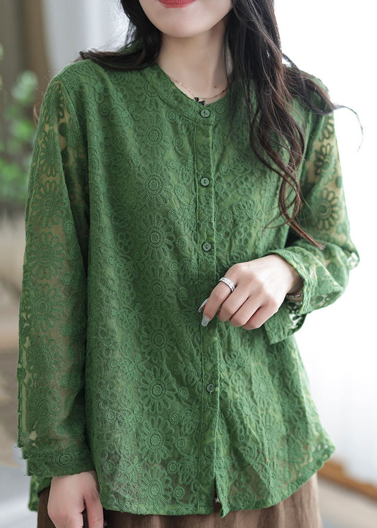 Green Lace Tops Asymmetrical Embroidered O-Neck Spring