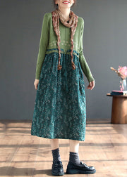 Green Lace Up Patchwork Knitting Dress O Neck Long Sleeve