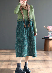 Green Lace Up Patchwork Knitting Dress O Neck Long Sleeve