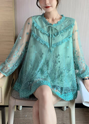 Green Lace Up Patchwork Lace Tops O Neck Long Sleeve