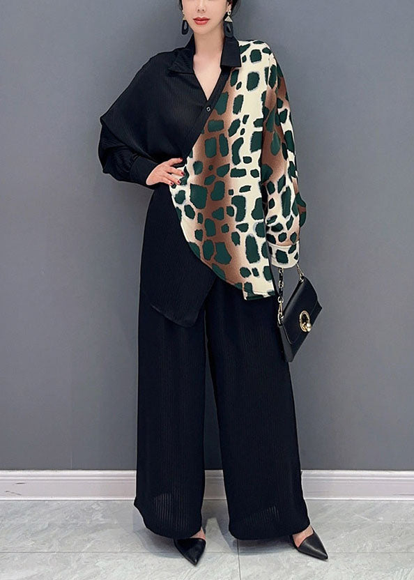 Green Leopard Patchwork Chiffon Two Pieces Set Oversized V Neck Summer