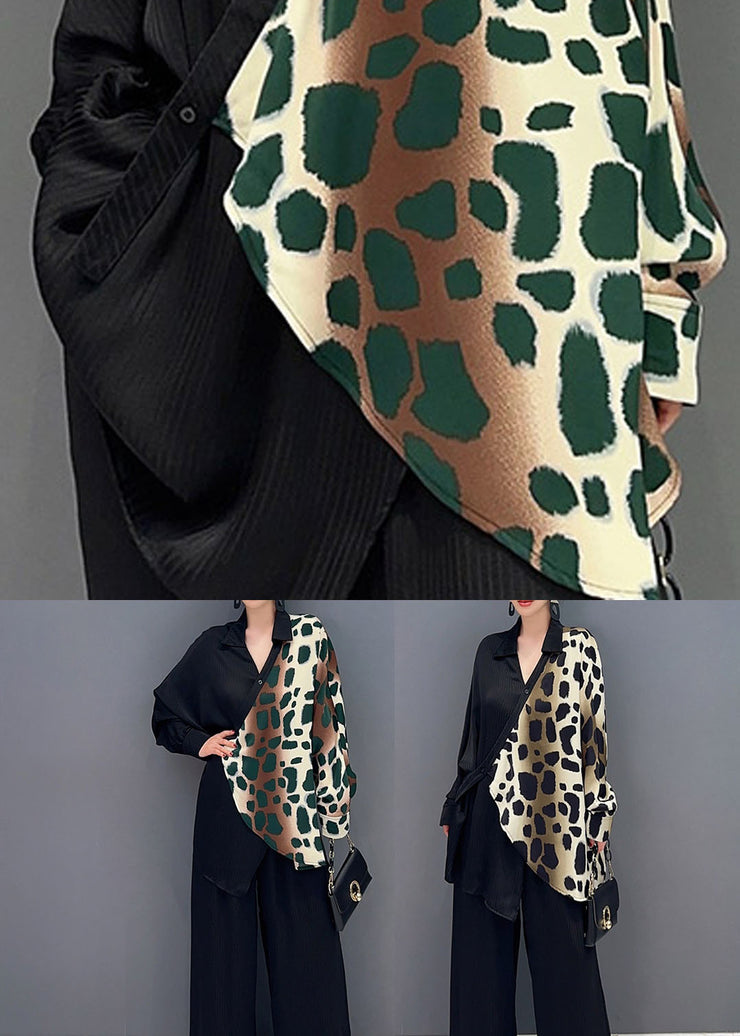 Green Leopard Patchwork Chiffon Two Pieces Set Oversized V Neck Summer
