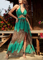 Green Leopard Print Chiffon Beach Spaghetti Strap Dress Side Open Summer