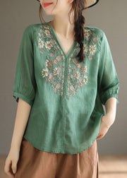 Green Linen Blouses V Neck Embroidered Oversized Half Sleeve