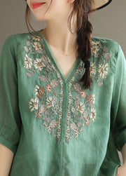 Green Linen Blouses V Neck Embroidered Oversized Half Sleeve