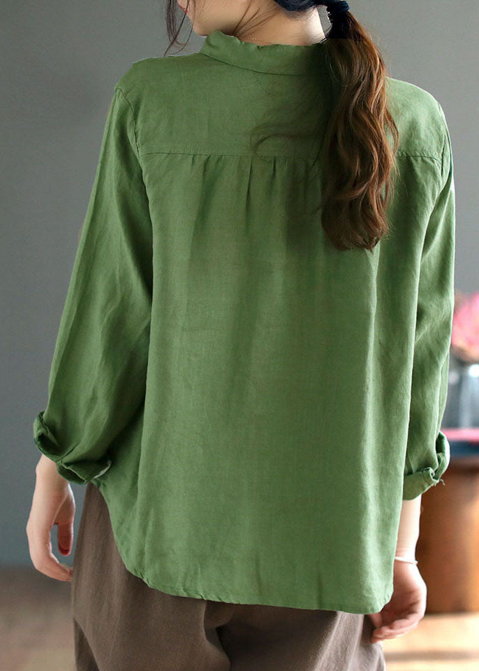 Green Linen Loose Shirts Embroidered Button Fall